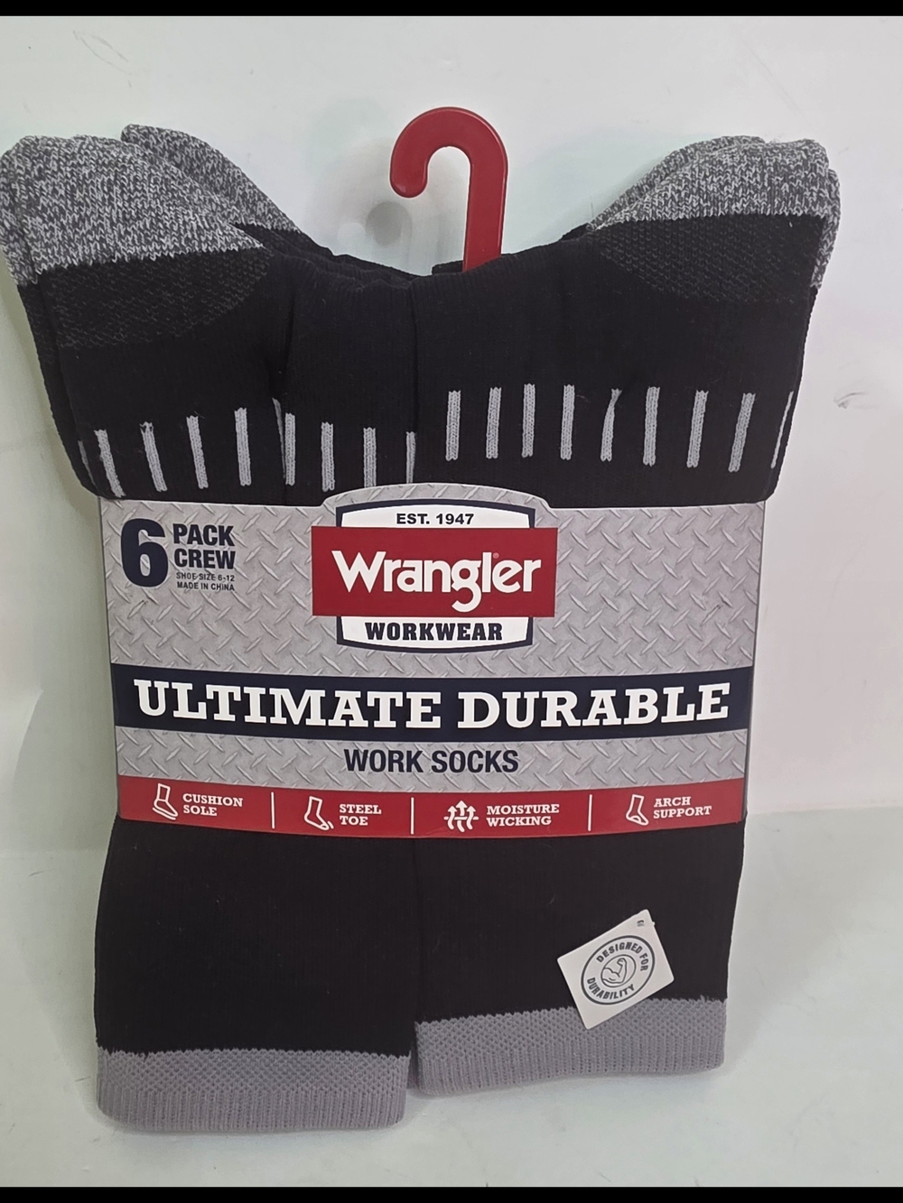 Wrangler Black and Gray Crew Work Socks - 6 Pack